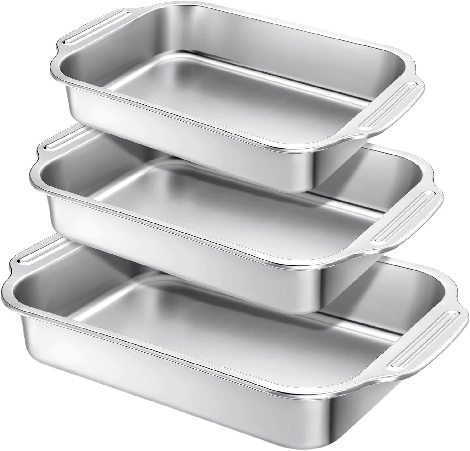 Baking Pan Set of 3 Stainless Steel Cake Pan 12/14/15 Inch Rectangle Baking Pan Bakeware for Fish Cakes Breads Lasagna Casseroles Vegetables Dishwasher