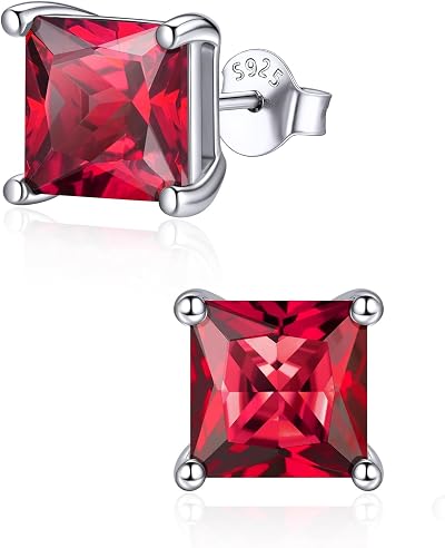 ChicSilver 925 Sterling Silver Birthstone Earrings for Women, 8MM/2 Carat Heart, Round & Princess Cut CZ Stud Earrings, Hypoallergenic Jewelry, Ideal Birthday or Christmas Gifts
