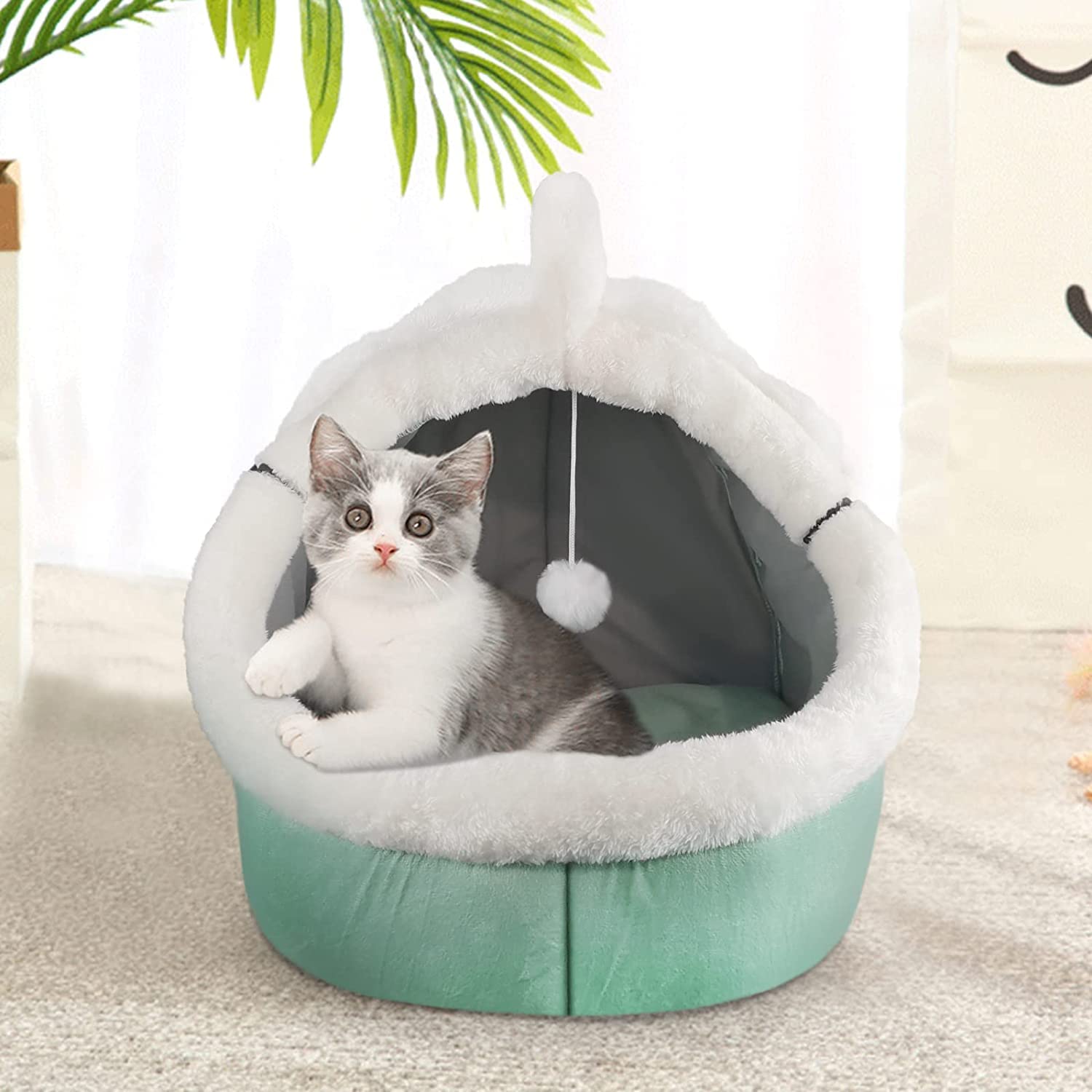 NUJOOM Cat Cave Bed with Hanging Toy,Semi-Enclosed Cat Bed with Large Space for Cats to Rest & Sleep, Pet Bed with a Washable and Detachable Mat Cat/Dog/Rabbit/Puppy/Kitten (Green)