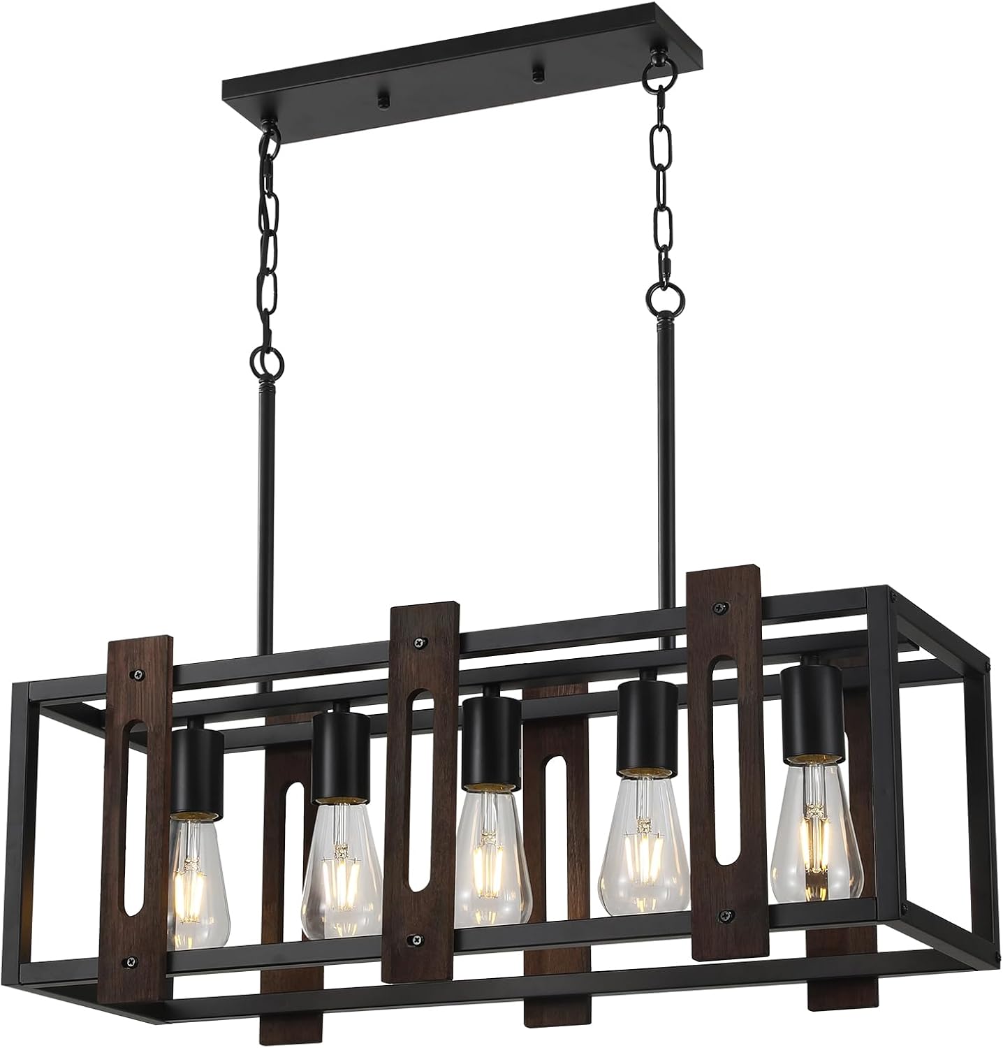 SEEBLEN Modern Farmhouse Pendant Light Kitchen Island, 5 Light Wood and Metal Linear Chandelier,Vintage Dining Room Light Height Adjustable,E26 Base.