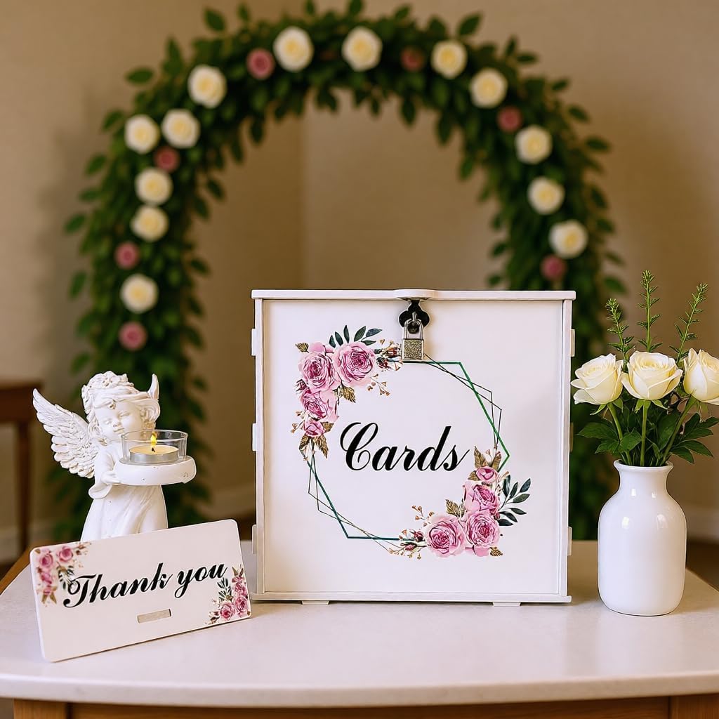 White Wedding Card Box with Lock, Gift Wedding Card Boxes for Reception Money Holder with Rose Sign for Wedding Decorations, Baby Showers, Birthdays, Bridal or Graduation Party Supplies