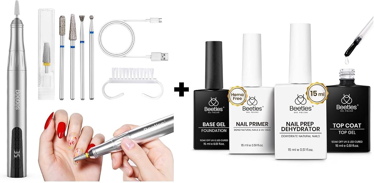 Taladro eléctrico inalámbrico para uñas Beetles, 35 velocidades ajustables, portátil y 4 Uds., juego de capa superior y capa Base de Gel de 15ml con deshidratador de uñas y Pri