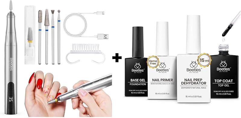 Taladro eléctrico inalámbrico para uñas Beetles, 35 velocidades ajustables, portátil y 4 Uds., juego de capa superior y capa Base de Gel de 15ml con deshidratador de uñas y Pri