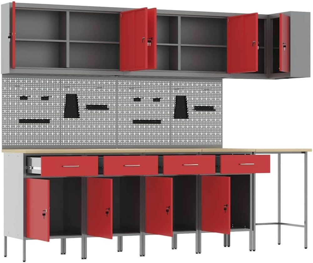 Workbench, Garage Work Table, Workshop Workbench, Workshop Workbench Set, 12 Pieces Steel Red