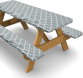 Vinyl Picnic Tablecloth Set 3 Pieces Picnic Table Cover Set with Checkered Design 72 x 30 Inch Table and Bench Fitted Tablecloth Cover Flannel Backed Lining Table Cover Set for Kitchen Picnic Outdoor Indoor (Grey)
