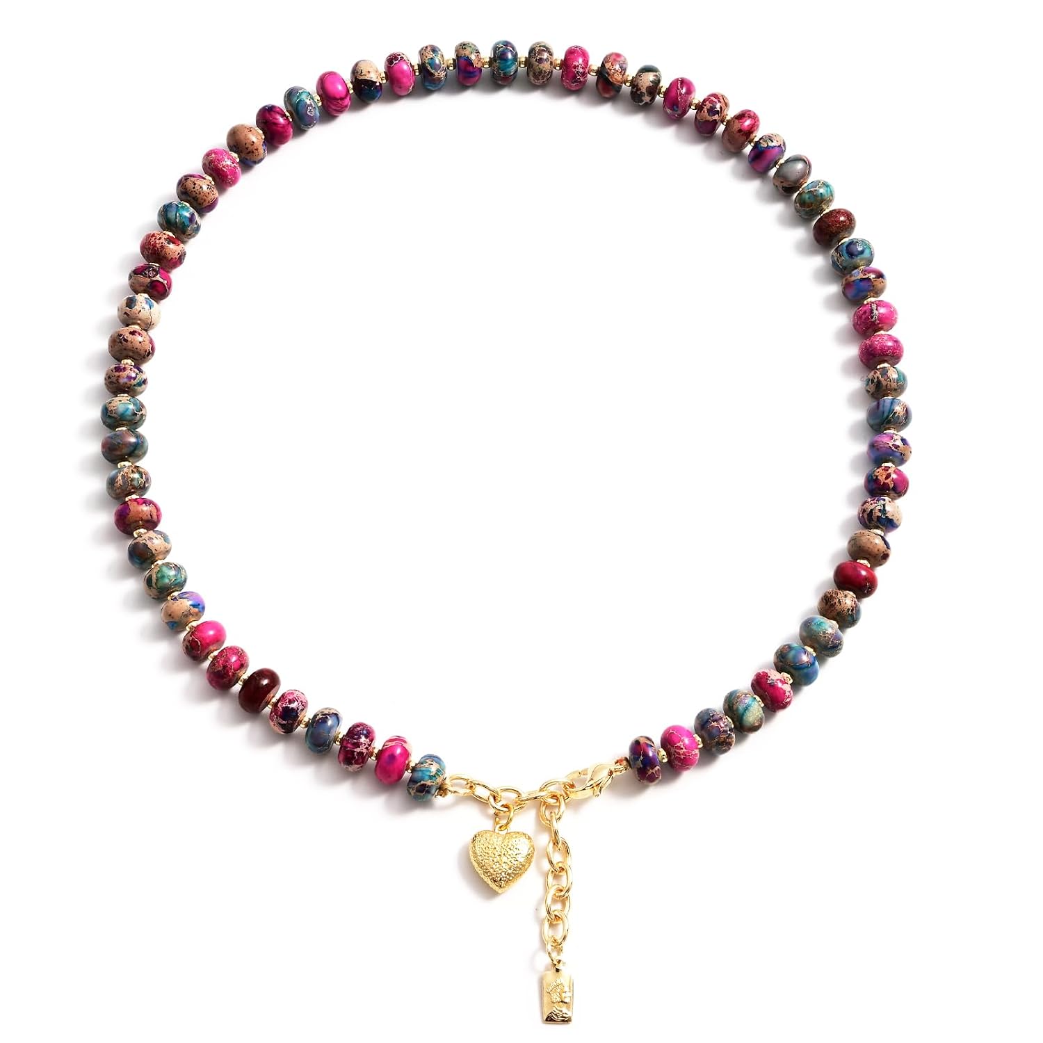 Boho Gemstone Beaded Necklace for Women – Colorful Natural Stone Choker 18K Solid Heart-Shaped Pendant, Summer Beach Jewelry