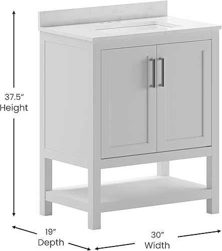 Miniatura 2 de EMMA + OLIVER Vesta - Tocador de baño de 30 pulgadas, gabinete de fregadero individual con 2 puertas de cierre suave y estante abierto, encimera con