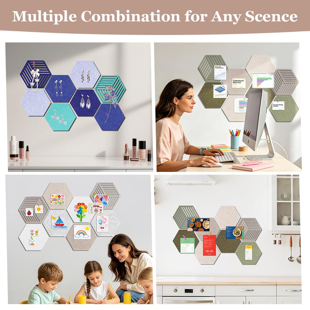Ainiv 8 Stück Sechseckige Filz Pinnwand, Selbstklebende Heimwerken Pinnwand, Memotafeln Pinwand, Vision Board mit 40 Pinnnadeln und 10 Bunten Holzclips, Korkwand für Büro Home Schlafzimmer (Kameltöne)
