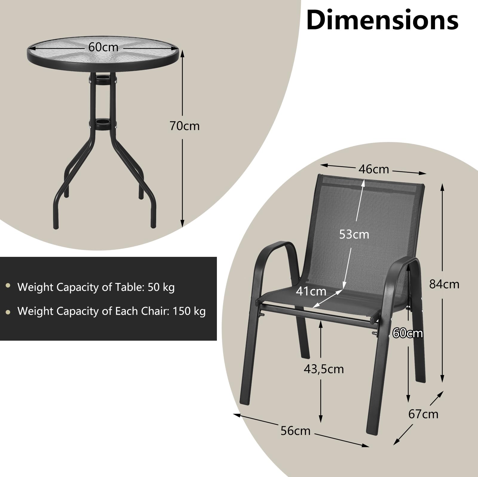 KOMFOTTEU Set da Bistrò in Tessuto Textilene, Set da Giardino in 3 Pezzi, Tavolo Rotondo in Vetro Portato 50 kg, Sedie Portate 150 kg, Set Tavolo e Sedie da Esterno, Patio, Cortile, Veranda (Nero)