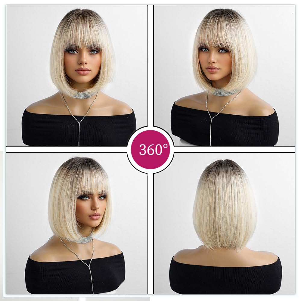 Esmee Short Straight Ombre Blonde Natural Bob Wigs With Bangs Shoulder Length Wig Synthetic Cosplay Wigs for Women