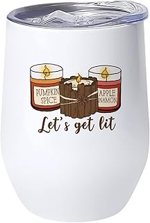 12oz Wine Tumbler with Lid, Let's Get Lit Pumpkin Spice Stemless Wine Glasses Autumn Candles Double Wall Vacuum Travel Mugs Stainless Steel Coffee Cup for Cold & Hot Drinks, Give Thanks Gifts
