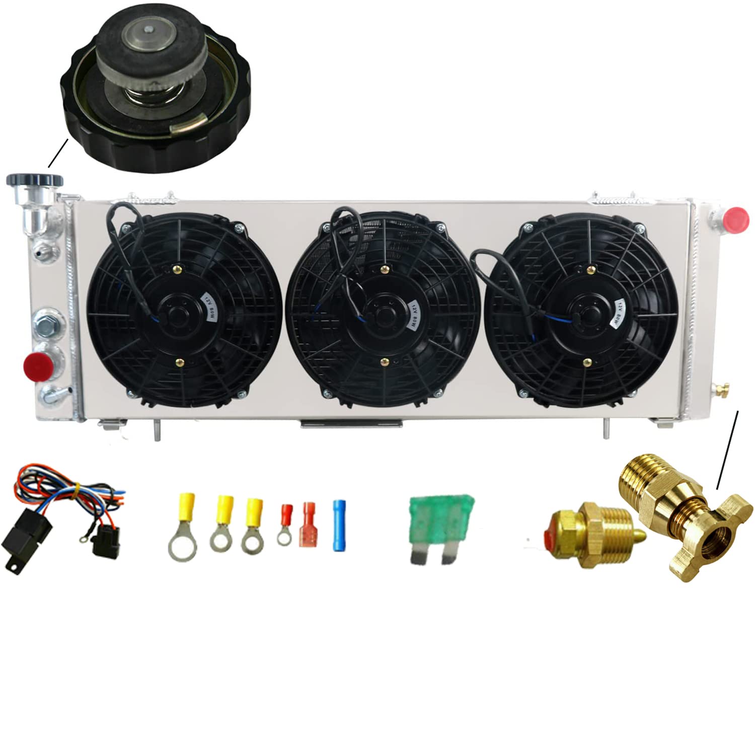 RadRace 4 Row Aluminum Radiator Shroud Fan Relay For 1991-2001 Jeep Cherokee XJ Comanche Wagoneer 2.5L L4 4.0L L6 AT MT 92 93 94 95 96 97 98 99 01