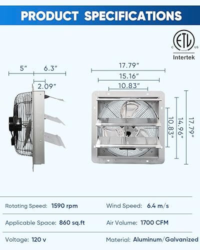 Miniatura 3 de KEN BROWN Ventilador de obturador de 14 pulgadas, alta velocidad 1520CFM, montado en la pared con cable de alimentación de 1.65m, para garajes,