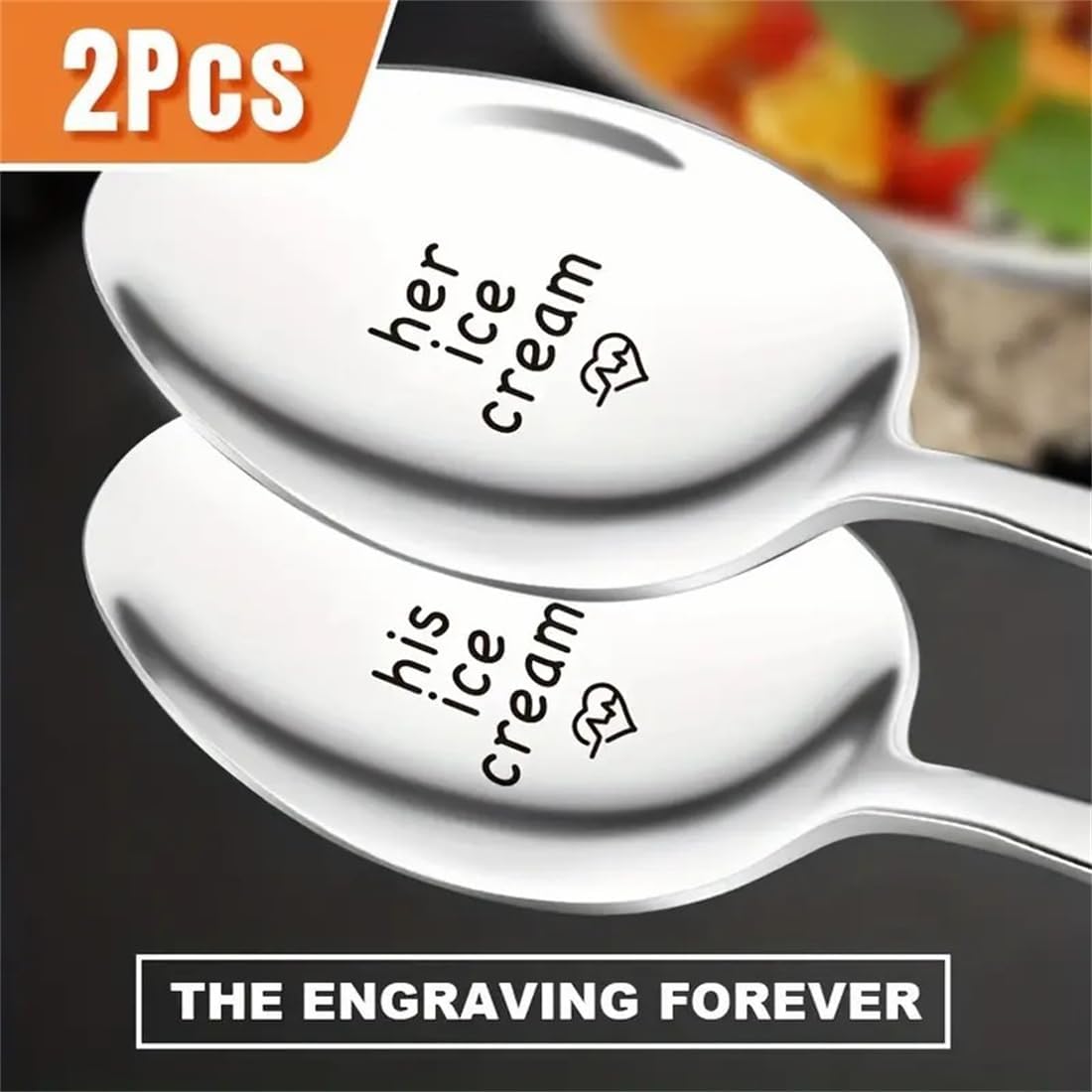 Engraved Ice Cream Spoon Gifts for Couple on Anniversary, 2 Pcs Personalized Coffee Spoon Stainless Steel, Couple Gifts for Him and Her on Valentines Day (scoop, his/her ice cream)