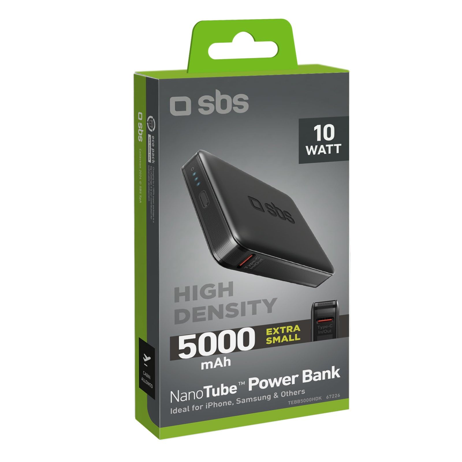 SBS NanoTube PowerBank HD 5000mAh 10W Power Bank Ricarica Rapida USB-C Caricabatterie Portatile Nero