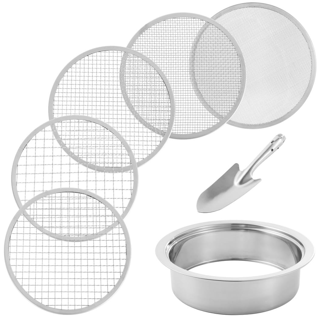Riddle-Siebset mit 5 austauschbaren Maschen, Pflanzensiebe für Gartenerde mit Schaufel, Bodensiebe aus Edelstahl für Aussaat und Umtopfen, Siebgrößen 1 mm, 3 mm, 6 mm, 9 mm, 12 mm