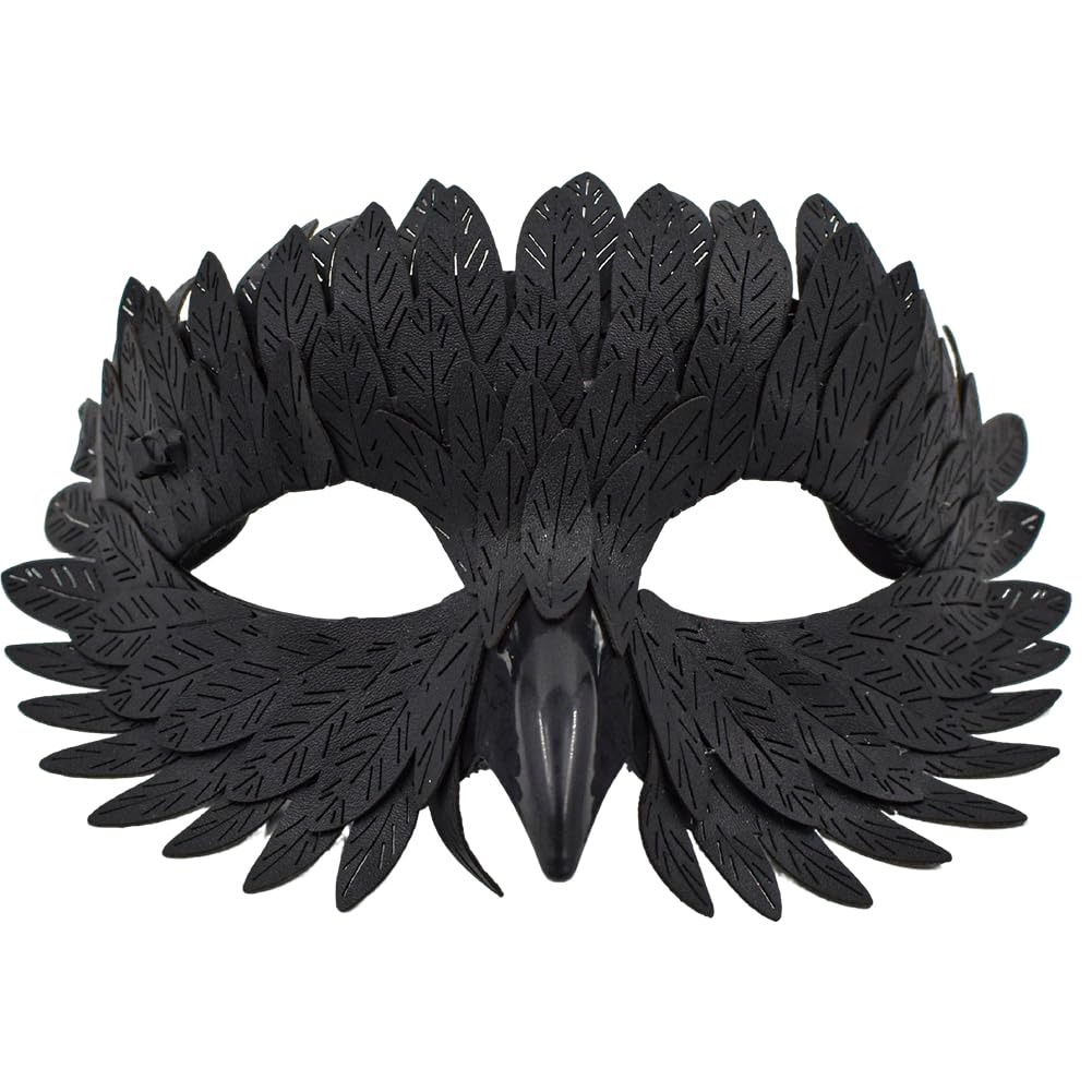 HATFRYF Half Face Bird Mask, Venetian Mask, Crow Mask with False Feather Beaks for Men and Women,Halloween Carnival Party Costume