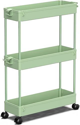 Miniatura 18 de SPACEKEEPER Carrito de almacenamiento delgado con ruedas, organizador de almacenamiento de baño de 3 niveles, carrito de servicio, unidad de