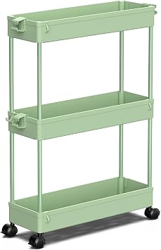 SPACEKEEPER Slim Rolling Storage Cart, 3 Tier Bathroom Cart Organizer,Green