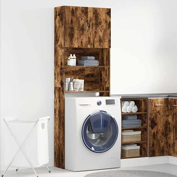 Washing Machine Cabinet Smoked Oak Engineered Wood Washing Machine Cabinet Washing Machine Cabinet for Washing Machine and Tumble Dryer, Storage Unit Above Toilet Shelf for Bathroom