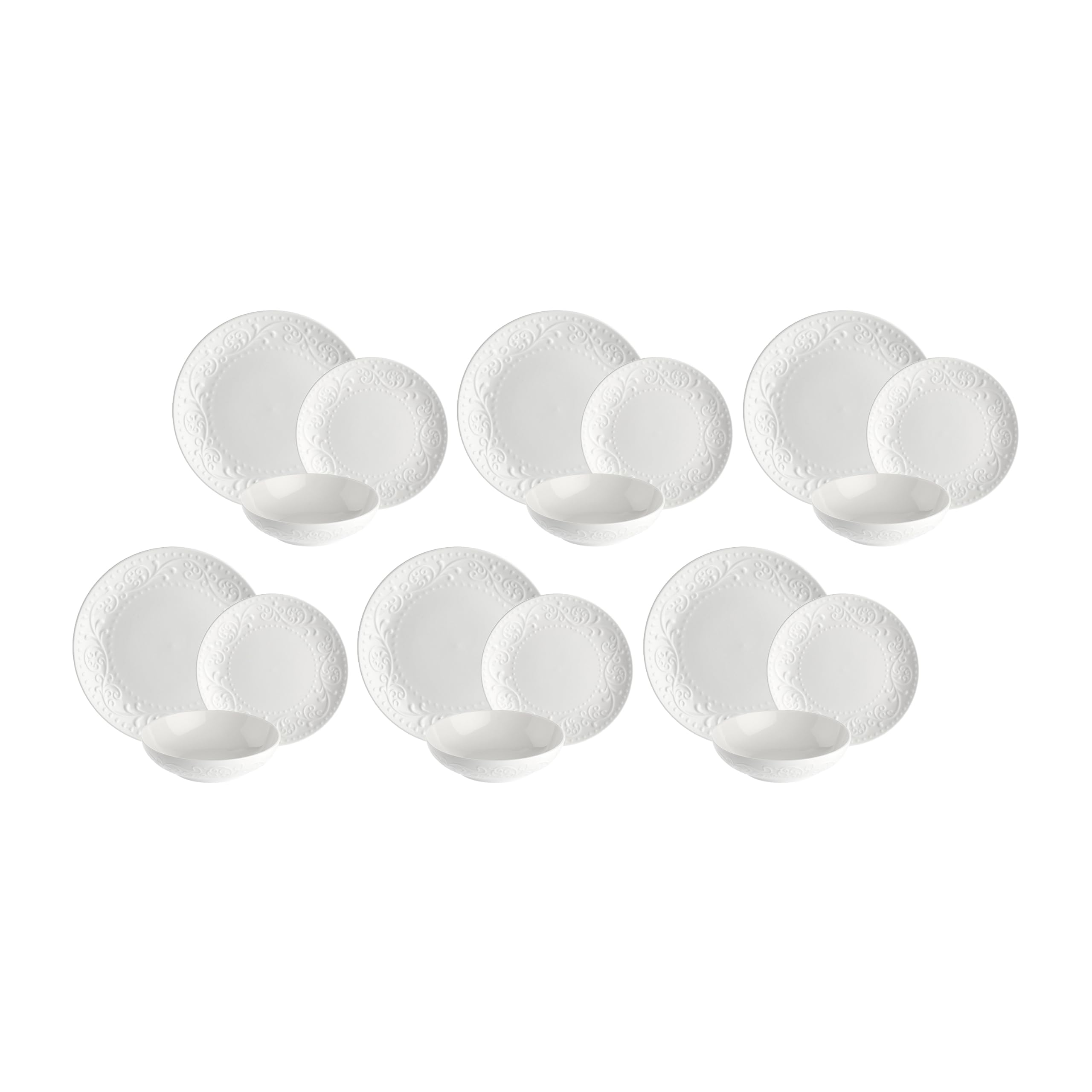 Porzellan-Kombiservice 18-teilig für 6 Personen | Weißes Geschirr-Set mit edlem Relief-Ornament | Ideal für Alltag, Festtafeln & Weihnachten (Geschirrset 18-teilig)