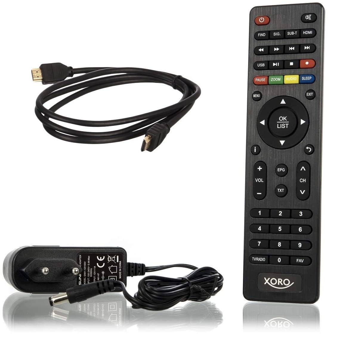 Xoro HRT 8730 KIT DVB-T2 Receiver (6 Monate FREENET TV) + aktive DVBT-2 Antenne + HDMI Kabel, HDTV, PVR Ready, USB Mediaplayer, schwarz