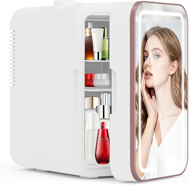 YLFU Mini Skincare Fridge for Bedroom, 6L Portable Cooler & Warmer, White | Dimmable led mirror for skin care and makeup, for cosmetic food and drinks, 110V AC for home, dorm room & office