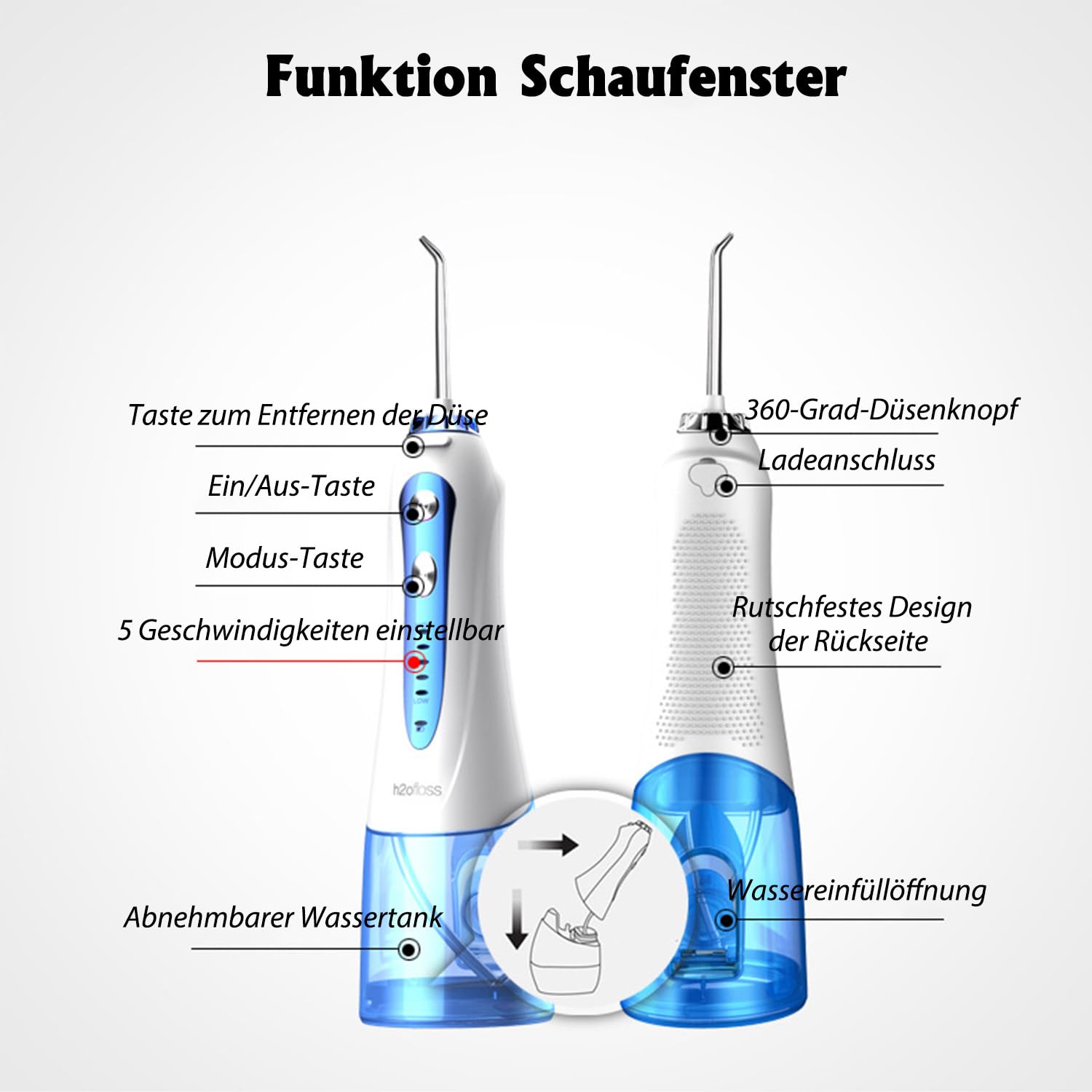 Irrigatore orale senza fili, 300 ml, risciacquo da viaggio, 5 modalità e 5 ugelli, irrigatore orale elettrico, IPX7, impermeabile, ricarica USB (blu/bianco)