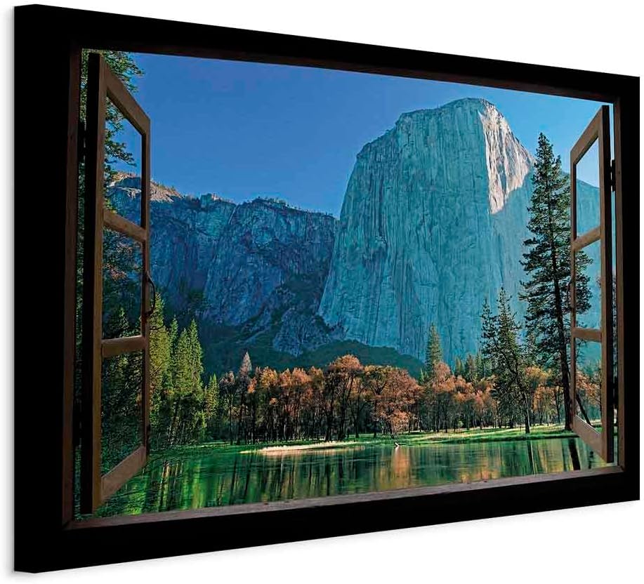 artgeist Acoustic Canvas Wall Art Print Window View 35x24 in - 1pcs Picture with Acoustic Foam Sound Print Artwork Room Acoustics Soundproofing - Mountains Forest Landscape c-C-0372-b-a