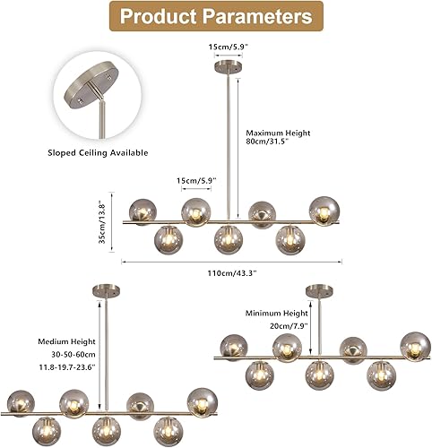 Miniatura 2 de KCO Iluminación de mediados de siglo moderna lámpara de plata de 7 luces níquel cepillado isla de cocina colgante iluminación gris humo globo