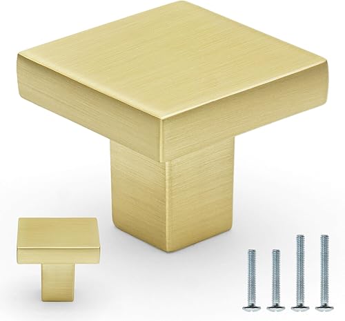FURFITT Paquete de 10 pomos cuadrados de latón cepillado para gabinetes de 1-316 pulgadas de longitud de aleación de zinc sólido para cajones y