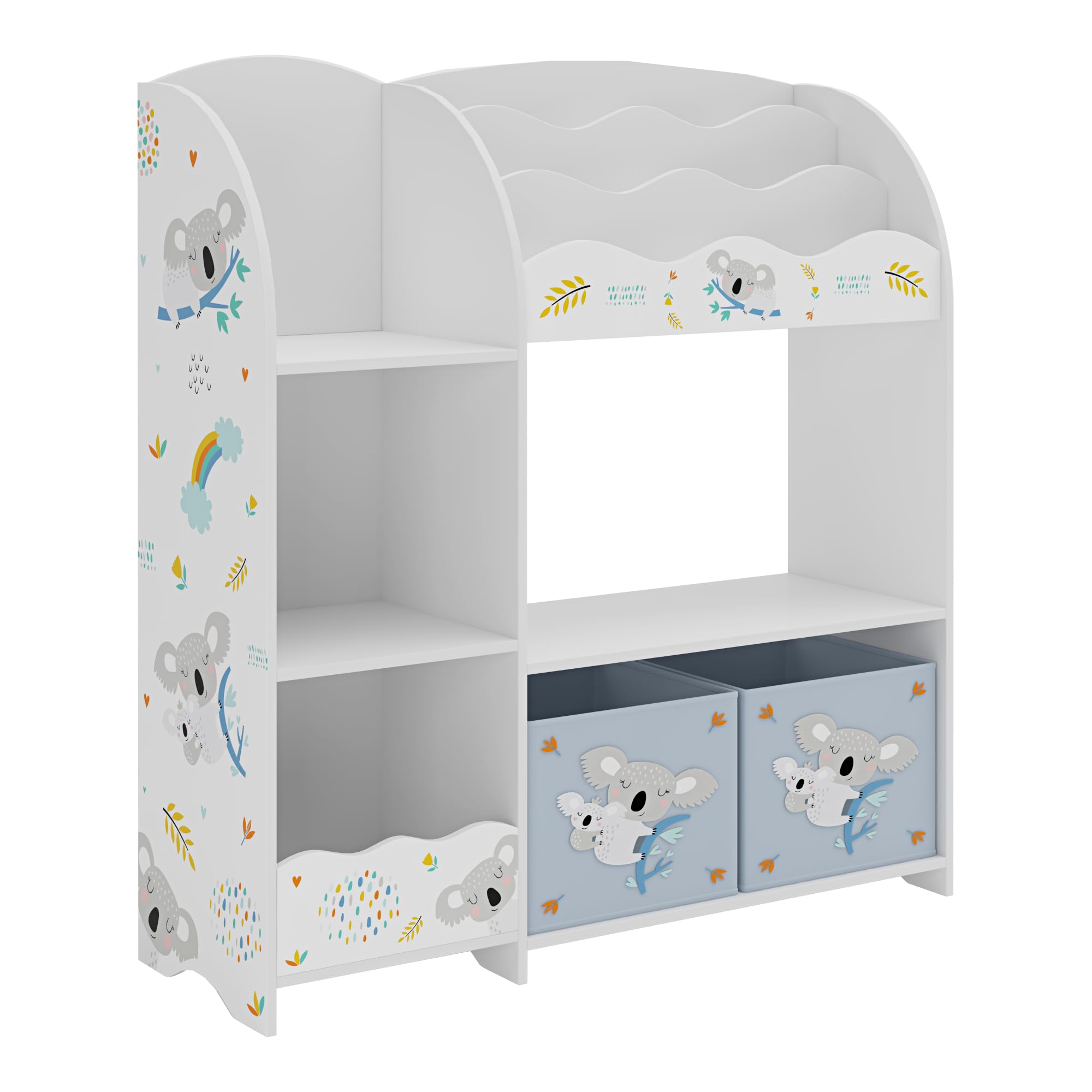 [en.casa] Étagère Enfant avec Compartiments de Rangement Ouverts et 2 Boîtes Meuble de Stockage avec Motif Koala Panneau de Particules Polyester 100 x 93 x 30 cm Blanc Gris
