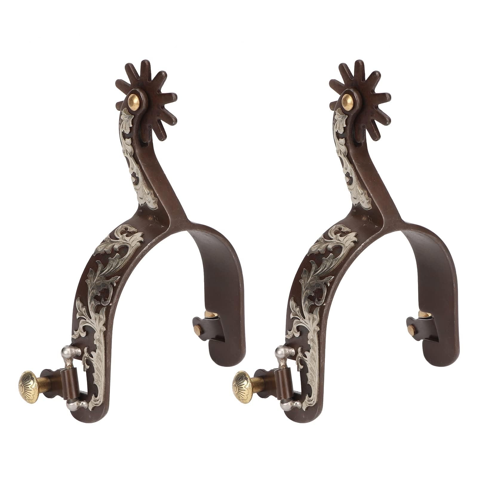 Lot 2 Éperons Cowboy Occidentaux Faits À La Main En Cuir Véritable Avec Engrenage Rotatif Sangle D'Éperon Vintage Bronze En Acier À Faible Teneur En Carbone Accessoires D'Équitation Pour Chevaux
