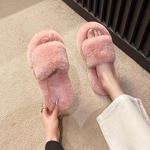 Women's Fluffy Solid Comfy Sandal Open Toe Walking Slip on Slipper Fleeve Soft Flat Slides Lounge Casual Flats4