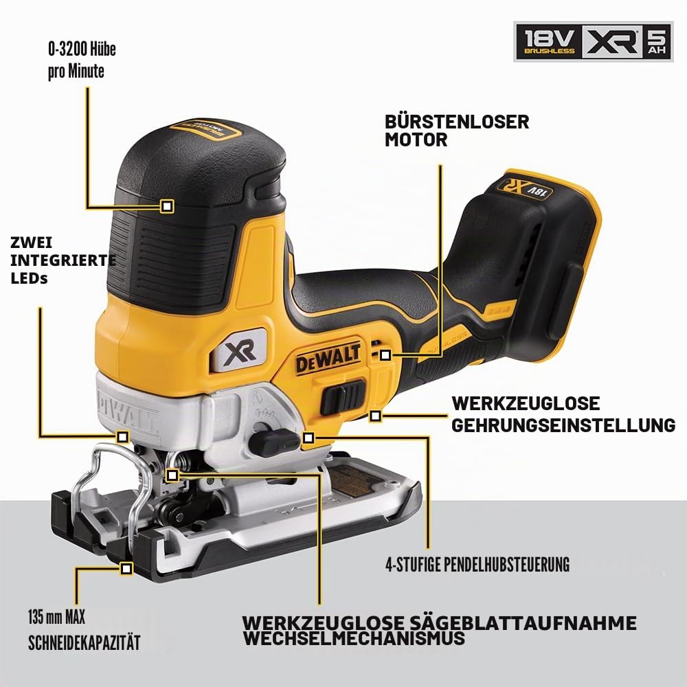 Dewalt 18V Akku-Pendelhubstichsäge DCS335NT (bürstenlos, verstellbarer Alu-Druckguss-Sägeschuh, 3-fach Pendelhub, inkl. Absaugadpater, Sägeschuh-Schutzauflage, TSTAK Box II, Lieferung ohne Akku)