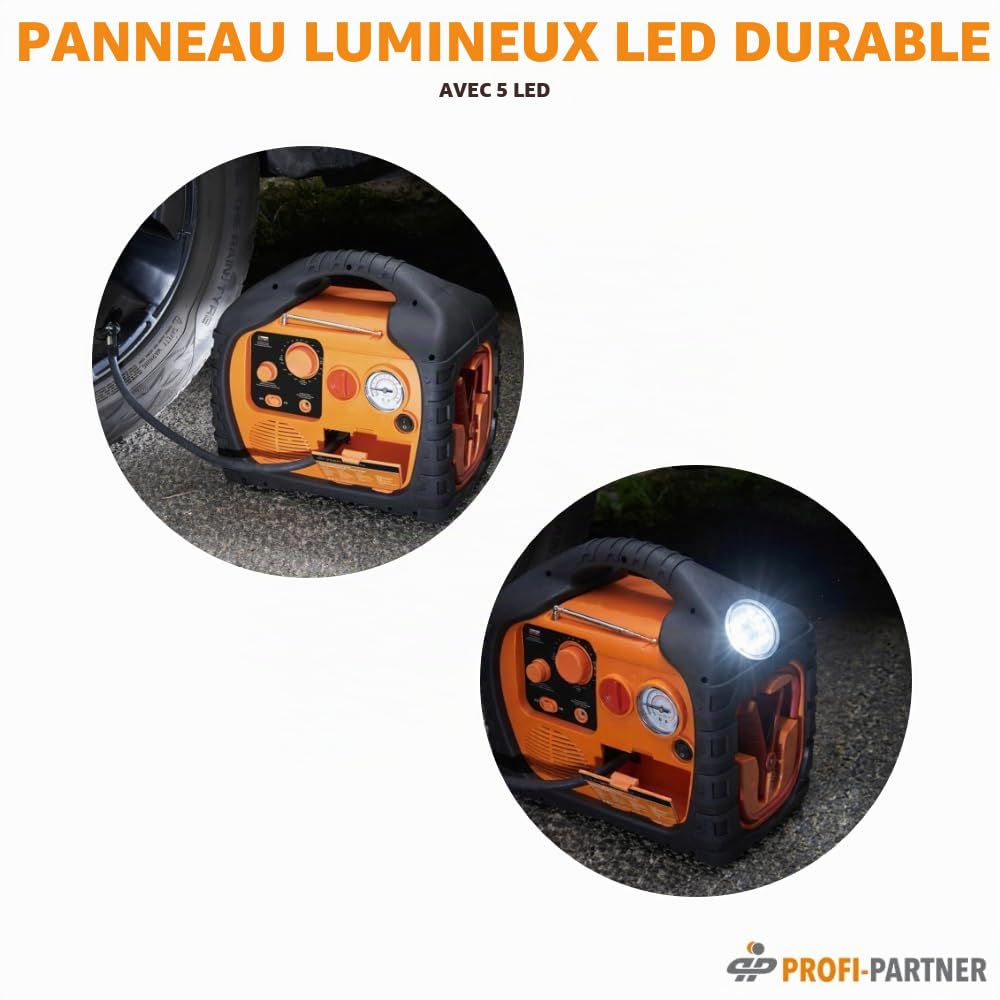 Station d'énergie mobile/station d'énergie portable/démarreur automatique avec compresseur/tuyau et adaptateurs, convertisseur de tension 12 V/230 V prise de courant (400 W), phare LED