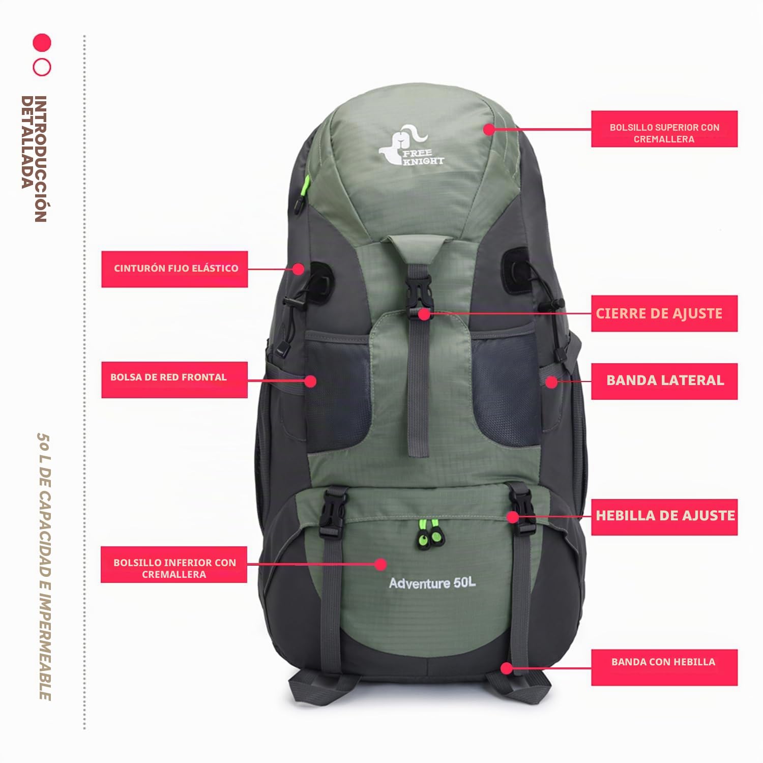 Bseash 50L Mochila de senderismo ligera y resistente al agua, mochila de deporte al aire libre, bolsa de viaje para escalar, acampar, viajar