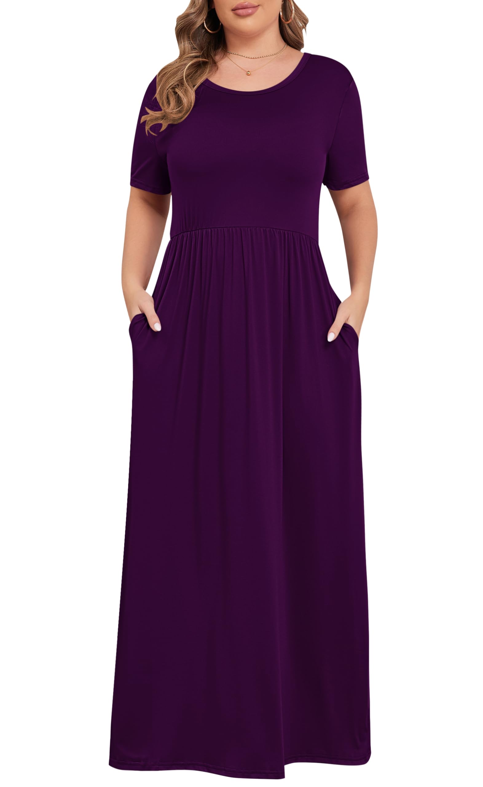 KARALIN Women Plus Size Maxi Dress Short Sleeve Round Neck Loose Fit A-Line