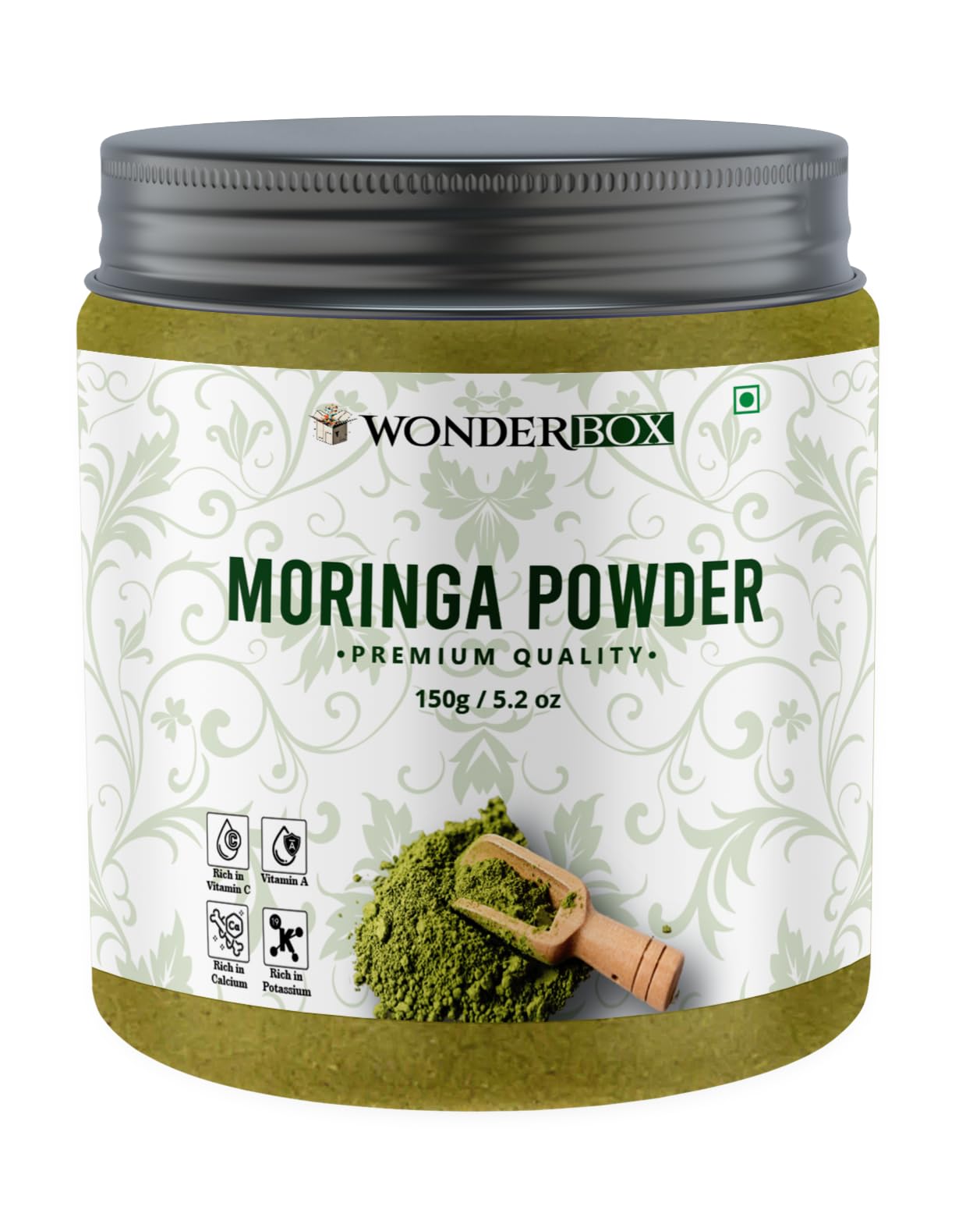 WonderBox 100% Organic Moringa Powder (150 gram) | Drumstick Leaf Powder Rich in Antioxidants, Supports Digestion and Weight Loss, Immunity & Energy Booster, Skin & Hair Health (Jar Pack Superfood)