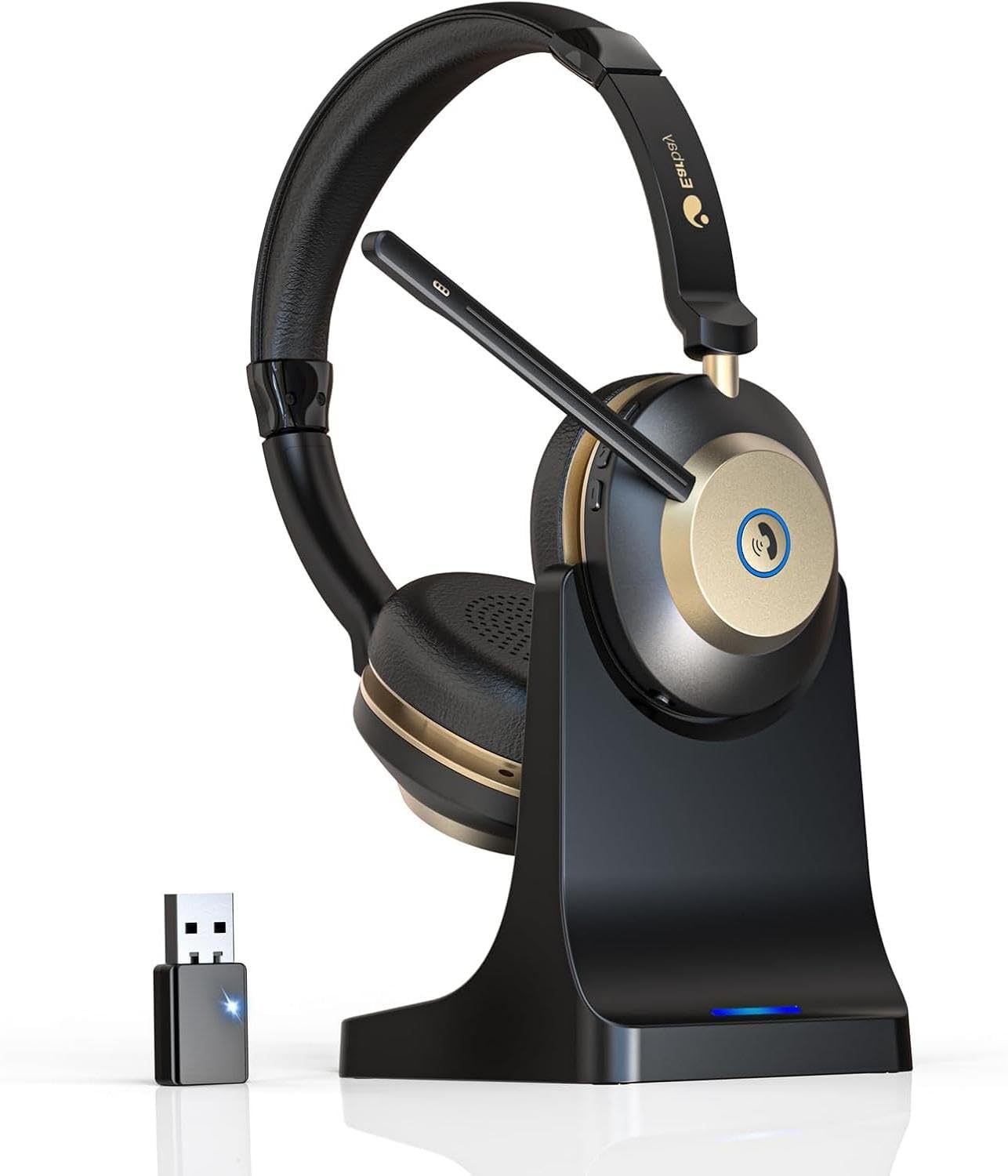 Earbay Headset mit Mikrofon Bluetooth, Headset kabellos KI-Geräuschunterdrückung & USB-Dongle, Bluetooth Headset mit Mikrofon Stummschaltung & Ladestation für PC/Meeting/Call Center/Home/Office