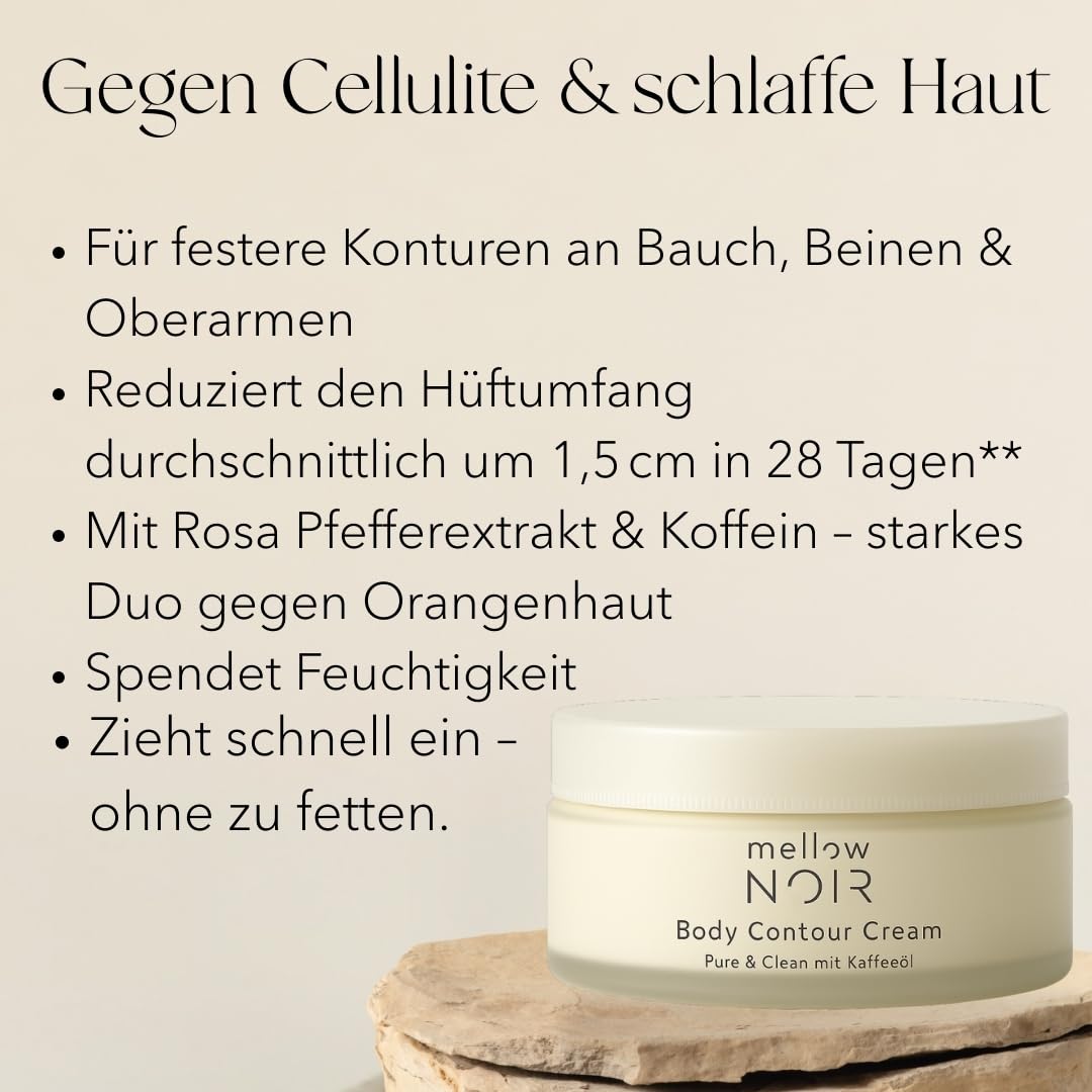 mellow NOIR Body Contour Cream 200 ml – przeciwko cellulitowi i zwiotczałej skórze – zapewnia mocne kontury brzucha, nóg i ramion – szybko się wchłania bez natłuszczania – naturalny kosmetyk