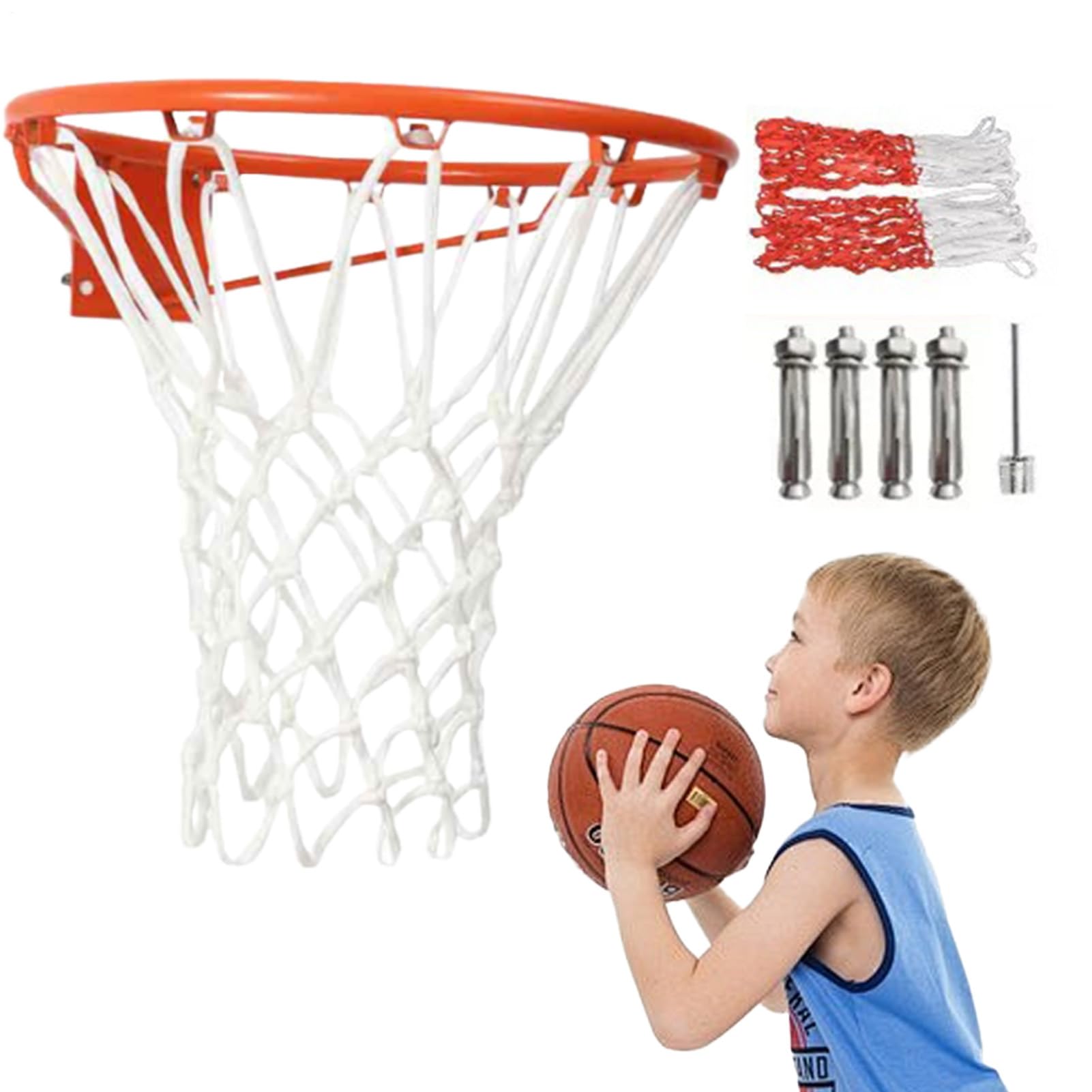 Anillo de canasta de baloncesto, anillo de canasta de baloncesto, para exterior, red de baloncesto y fijaciones de pared, con red de baloncesto, para interior y exterior, para colgar, 45 cm, para