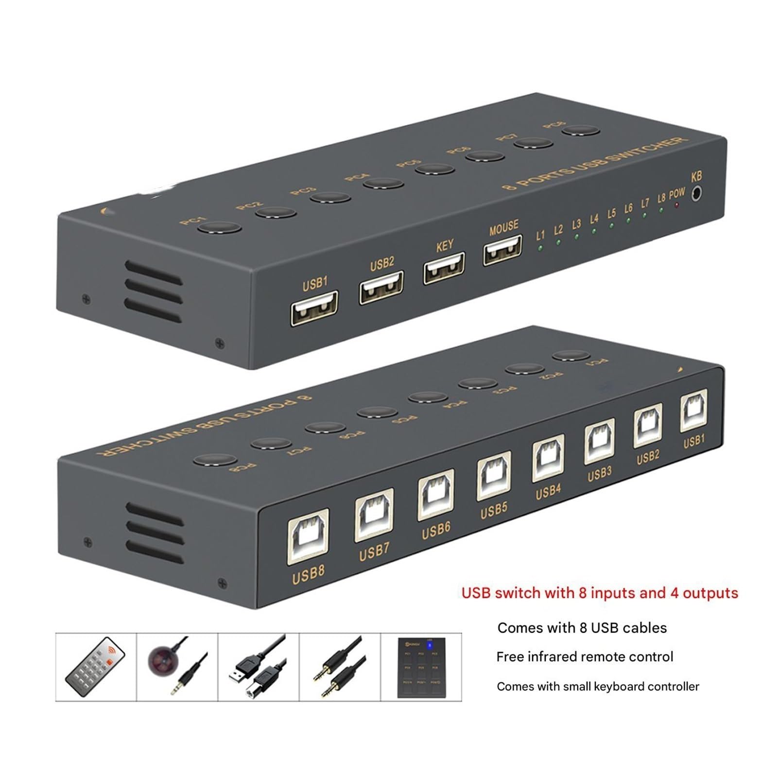 Switch/distributore USB - Sincronizzatore per Computer A 8 Porte, Splitter per Dispositivi di Condivisione Mouse E Tastiera 8 in 4 out, per Sistemi Operativi Windows/Linux