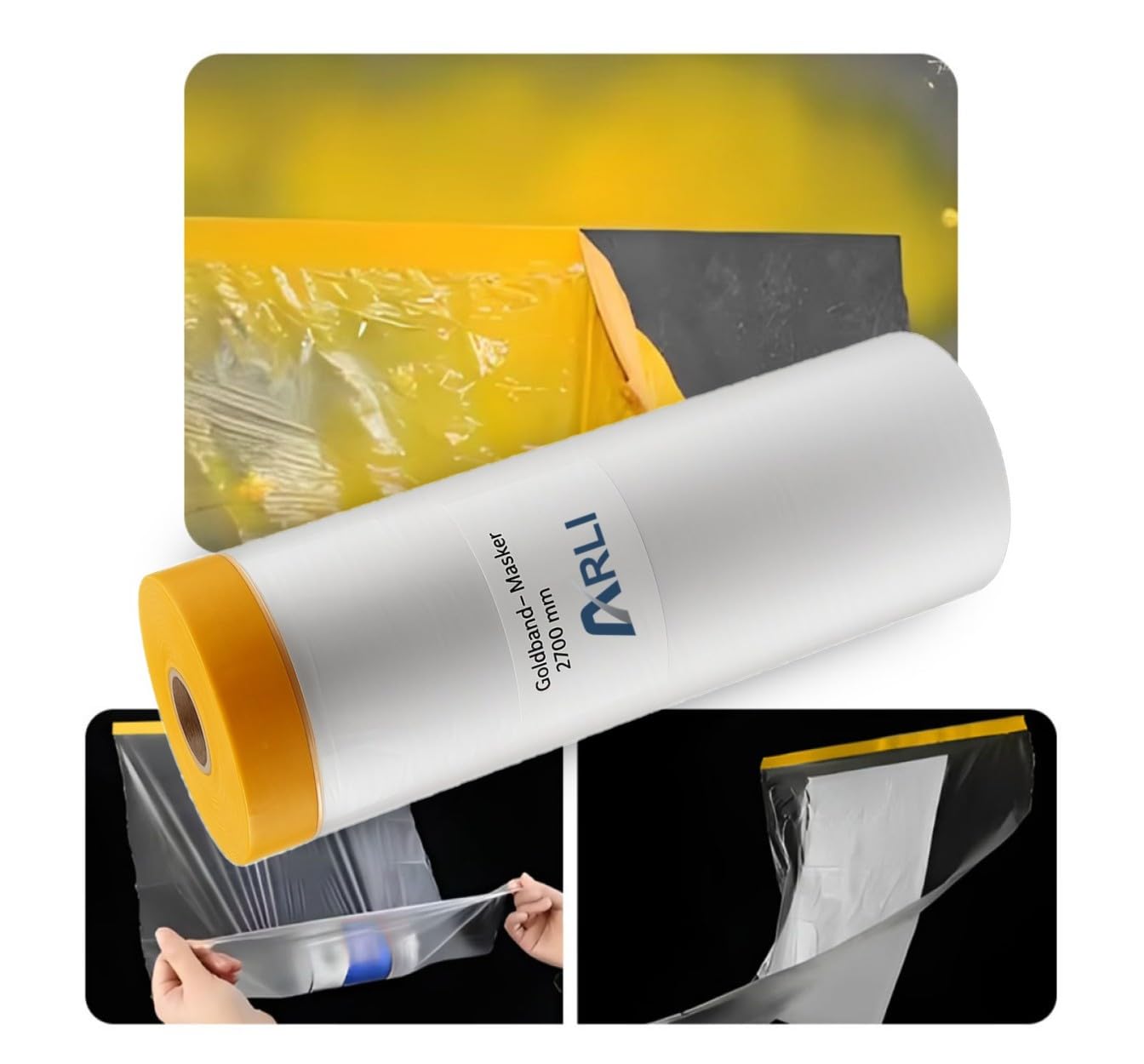 ARLI Goldband Masker 2700 mm x 16 m Abdeckfolie mit Klebeband Malerfolie Baufolie transparent HDPE Folie mit Washi Tape für Abdeckarbeiten im Innen- und Außenbereich (20 Stück/Rollen)