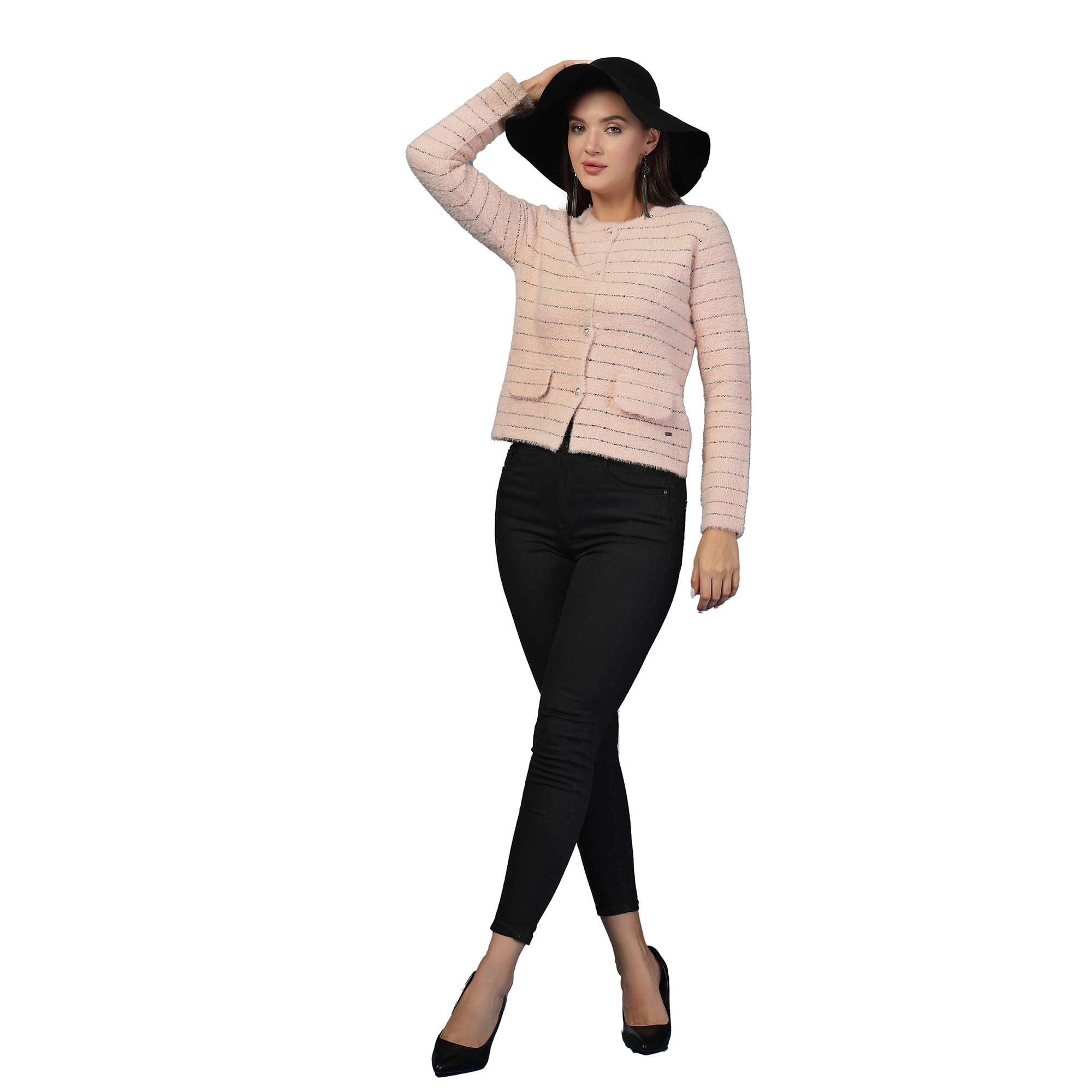 thirty threads Women Self Design Striped Cardigan Pink_T5W 25117-picture-28