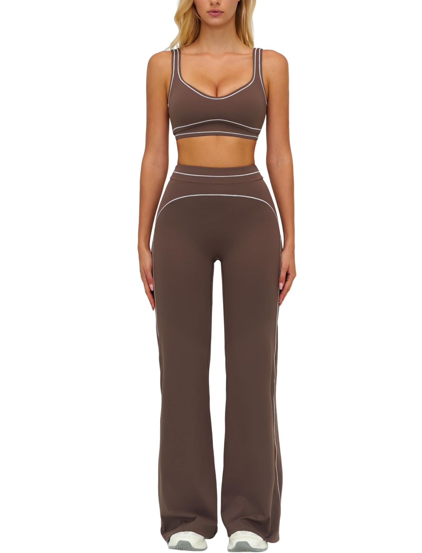 Photo 1 of ** DAMAGE TO ONE PANT LEG ** 2 Piece Workout Sets for Women U Back Color Block Crop Tank Sports Bra Matching High Waist Straight Wide Leg Leggings Womens Two Piece Athletic Set Gym Wear Active Yoga Pilates Outfits Brown M
