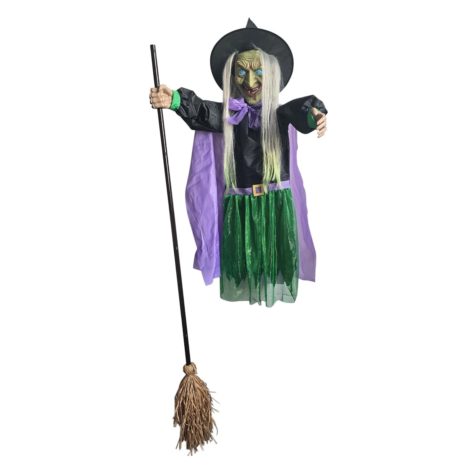 Saterkali 200cm Halloween Flying Witch Prop – Animatronic Scary Decoration with Glowing Eyes & Sound, Motions-Activated Spooky Witch for Garden Lawn, Porch & Haunted House ﻿ Green