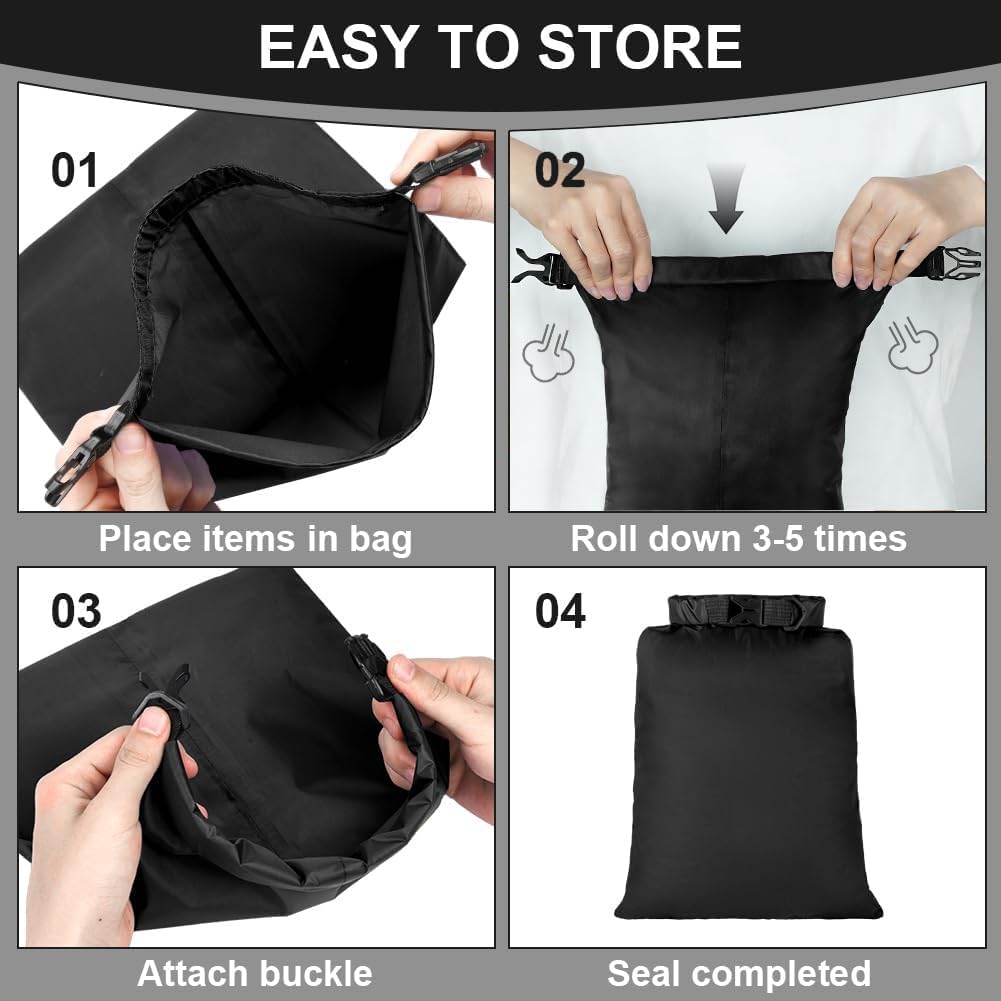 vsshe 6 Piezas Bolsas Estancas Impermeable, 1.5/2.5/3/3.5/5/8L Bolsas Secas Ligeras, Bolsas Estancas Ligeras Portátil, para Kayak, Senderismo, Rafting, Camping, Pesca, Ciclismo (Negro) — view 4