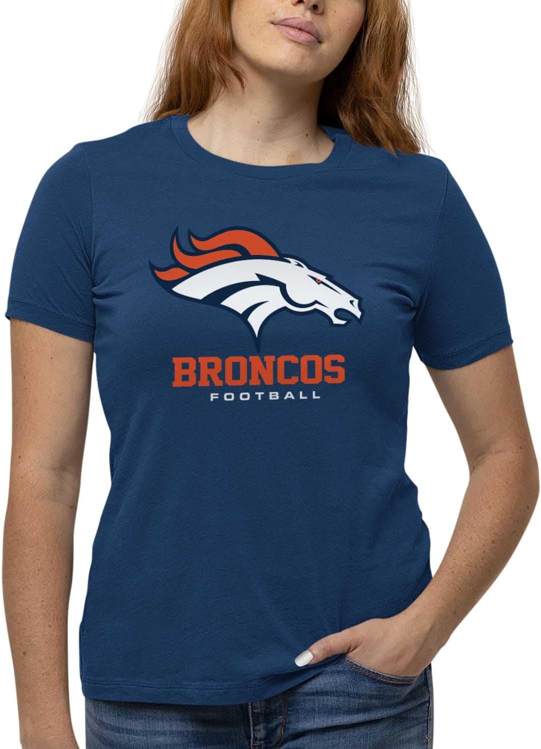 Team Fan Apparel Women's NFL Ultimate Fan Logo Short Sleeve T-Shirt - 100% Cotton - Officially Licensed - Tagless Tee (Denver Broncos - Navy, Small)