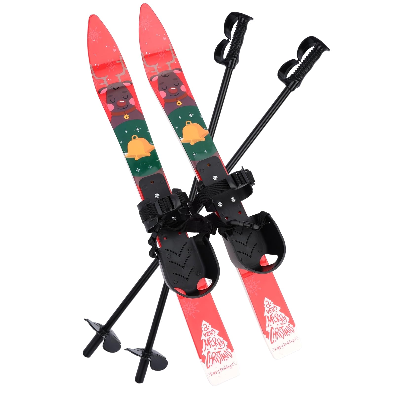 Skis et bâtons pour enfants avec fixations pour débutants de 2 à 4 ans, planches de ski à faible résistance avec motif sur le thème de Noël, léger, robuste et sûr pour enfants